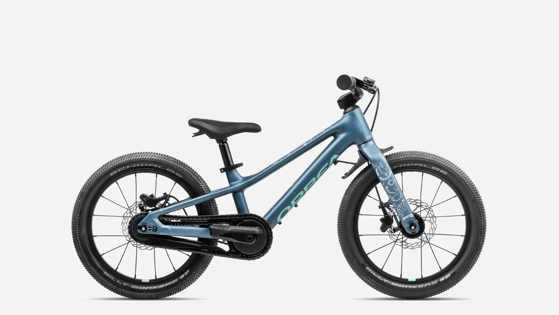 Orbea KIMU 16 Bicicleta infantil azul metalizado com desenhos espaciais e pneus pretos.