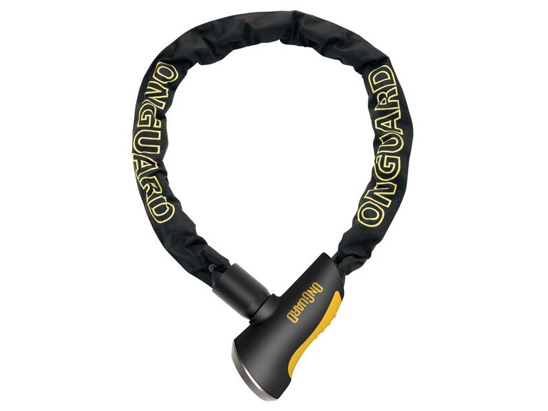 Cadeado Onguard Mastiff Chave 100cm x 10mm cadeado com corrente preta revestida e partes amarelas com texto Onguard