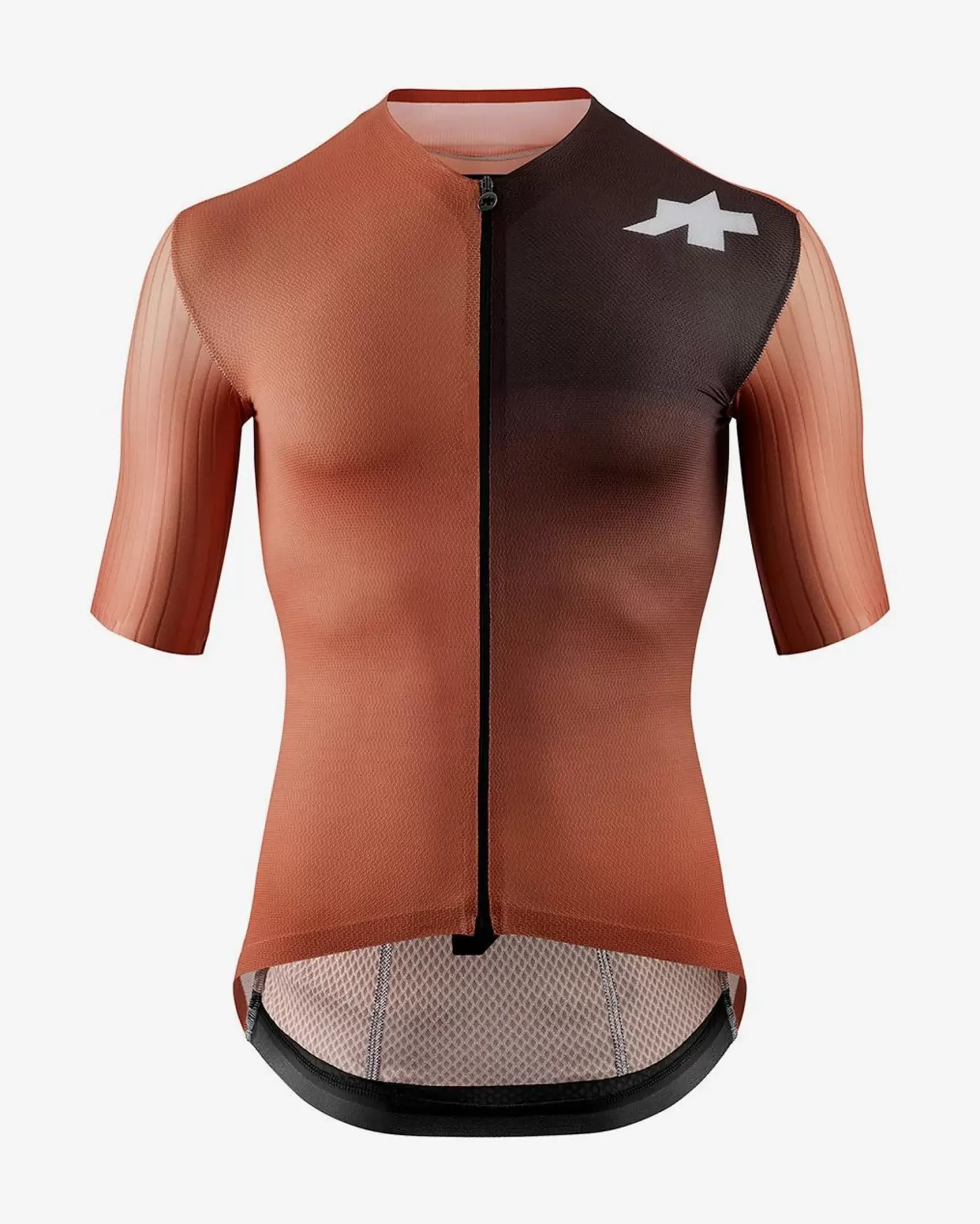 Jersey Assos Equipe RS S11 Camisa de ciclismo técnica laranja e castanha com fecho preto e símbolo branco no ombro