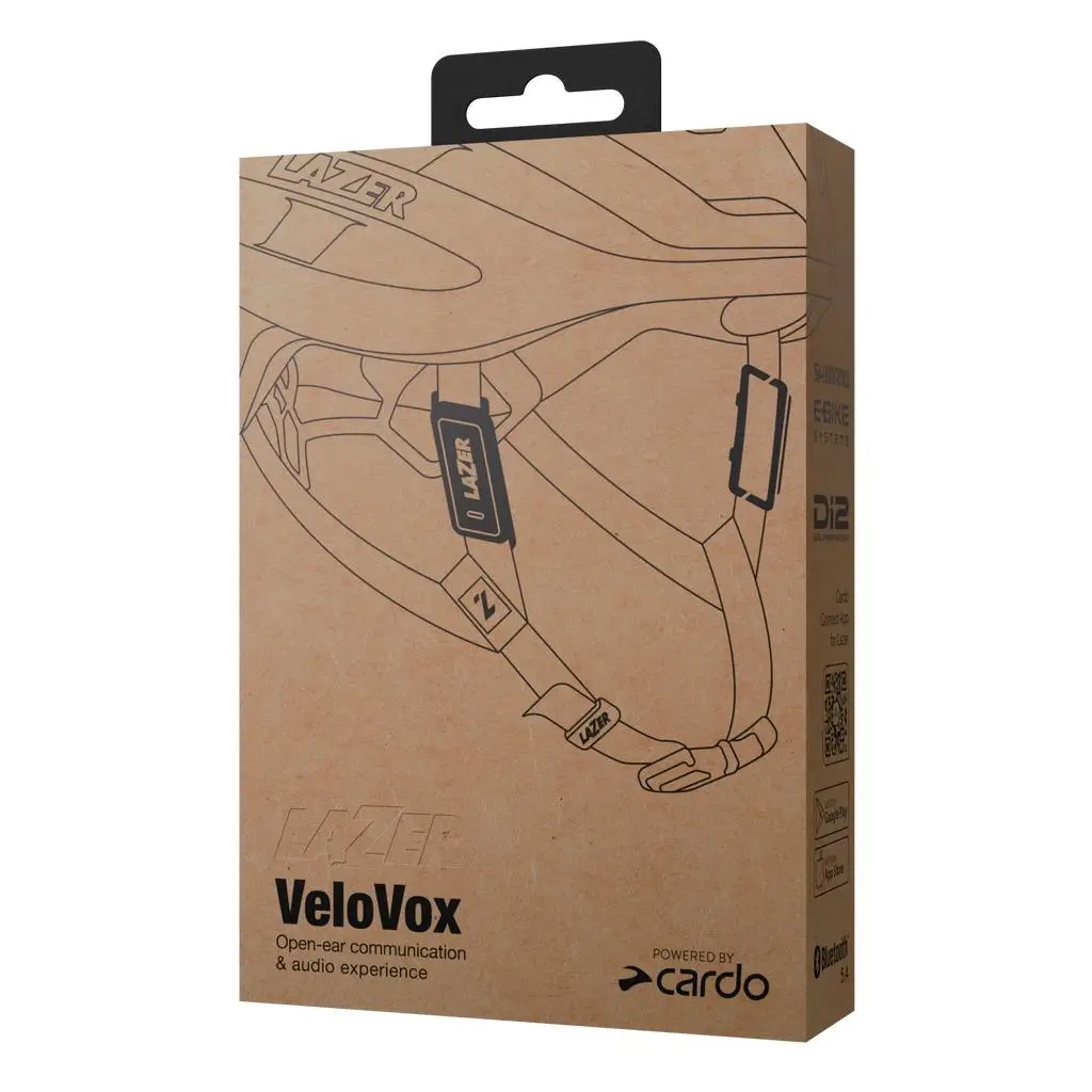 Sistema de Comunicação Lazer Velovox Caixa de cartão com ilustração de capacete e sistema de comunicação VeloVox da Lazer.