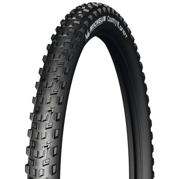Pneu de bicicleta preto com padrão de banda de rodagem agressivo e texto MICHELIN Country M X SOFT