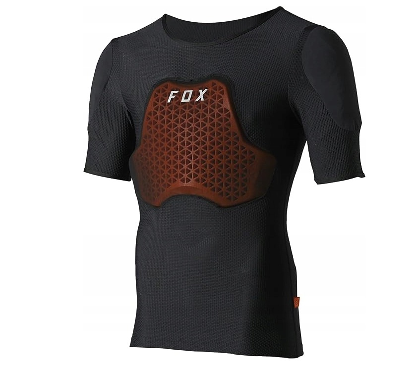 FOX Camisola Interior BaseFrame Pro SS C/Proteção (Jovem) YL/YXL Camisola preta com proteções acolchoadas castanhas e texto FOX