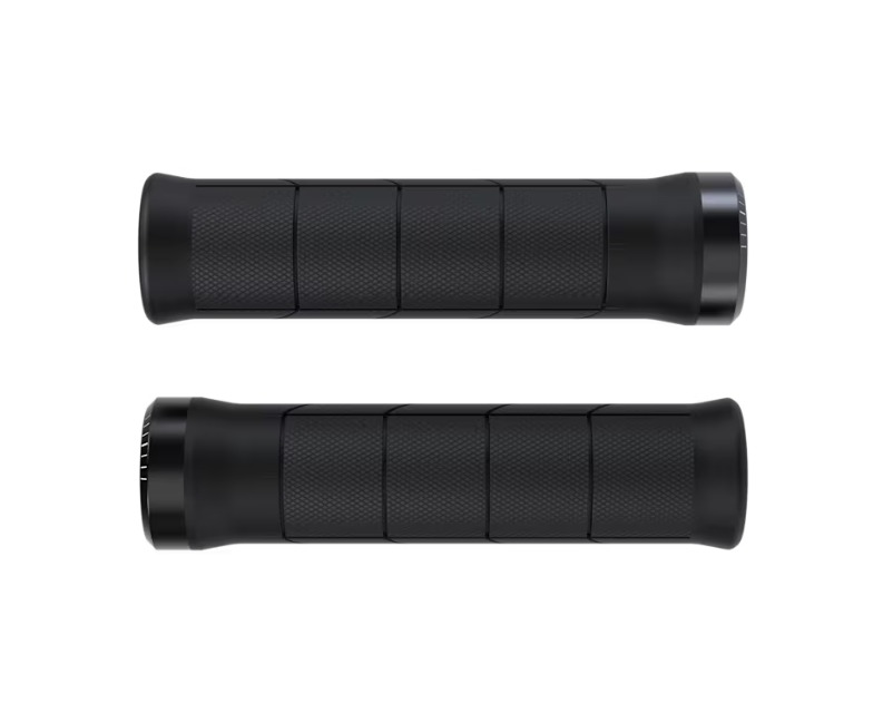 Punhos Trek Line Elite MTB Preto 135mm Punhos pretos texturizados para bicicleta com detalhes metálicos.