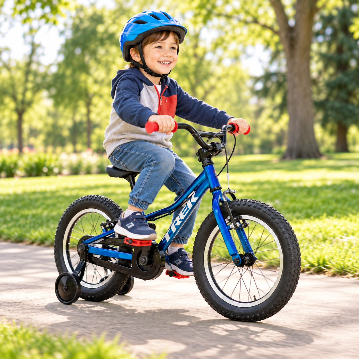 Bicicleta Precaliber 16 Criança num capacete azul a andar de bicicleta azul com rodinhas de apoio num parque verde