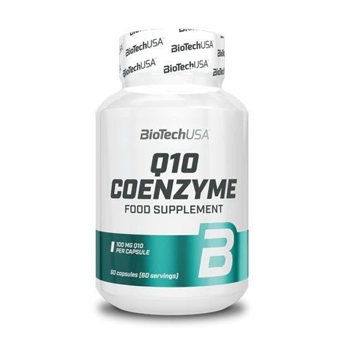 frasco branco de suplemento alimentar Q10 Coenzyme da BioTechUSA com rótulo verde e branco