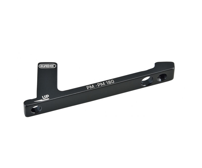 Suporte adaptador de travão de bicicleta preto com inscrições brancas