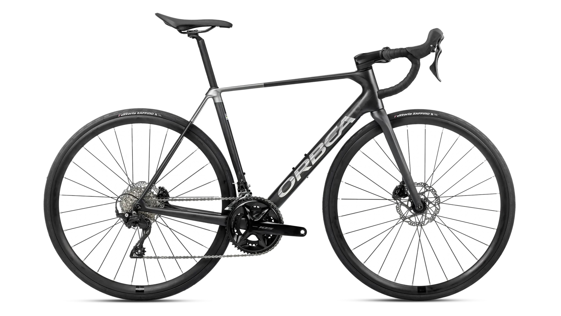 Orbea Orca M30 Preto Bicicleta de estrada preta e cinza com pneus Vittoria ZAFFIRO e travão de disco