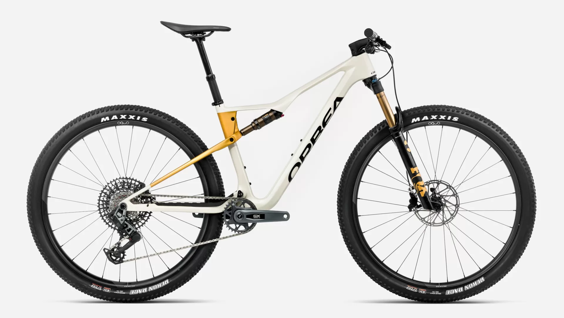 Orbea OIZ M10 AXS Branco Bicicleta de montanha full suspension branca e dourada com pneus Maxxis