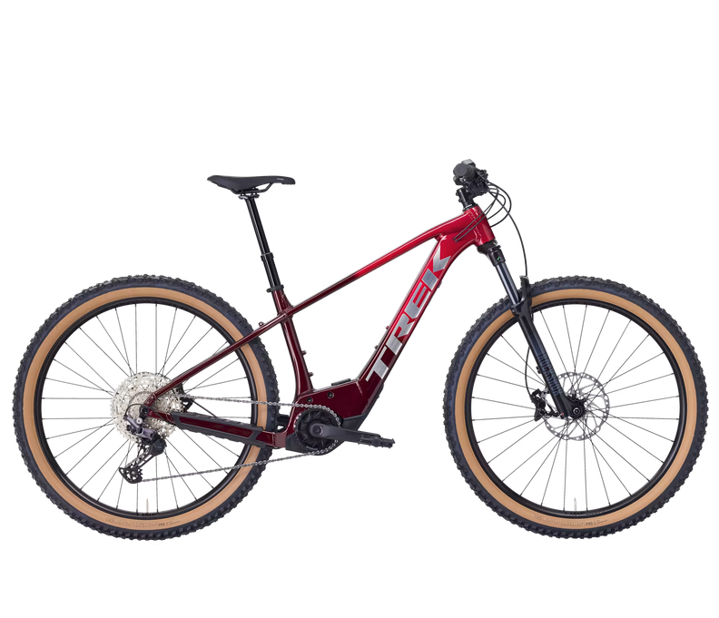 Trek Marlin+ 8 Bicicleta de montanha elétrica TREK vermelha e preta com pneus castanho claro