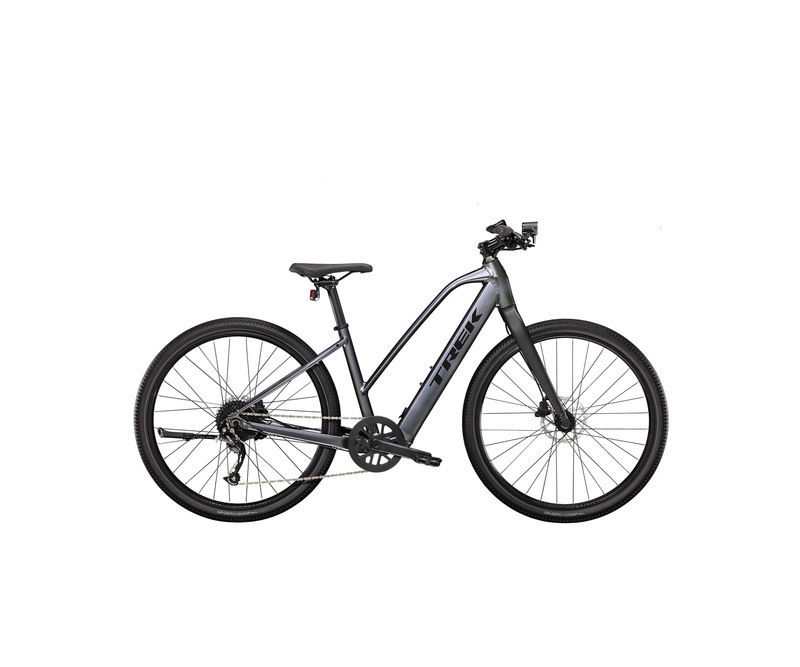 Bicicleta elétrica cinzenta com quadro em trapézio e pneus de estrada pretos