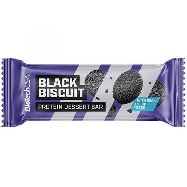 Barra proteica Black Biscuit com bolachas pretas na embalagem lilás e branca