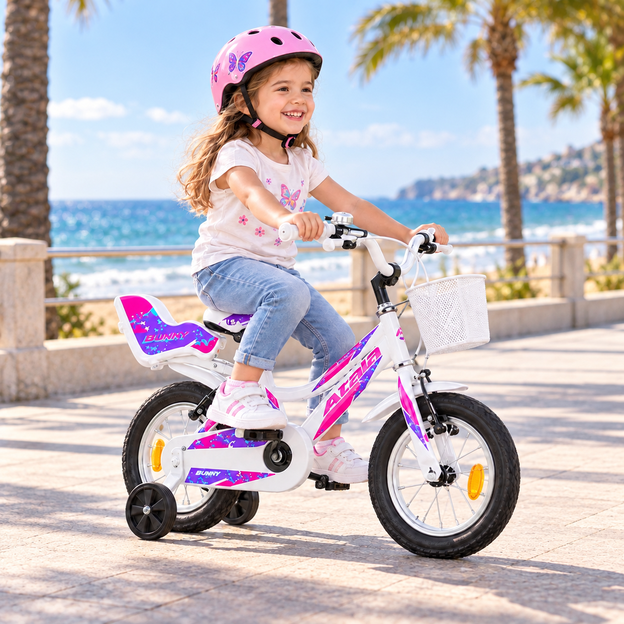 Bicicleta Bunny Girl 12 Branco Menina a andar numa bicicleta infantil branca e rosa com cesto frontal, ao ar livre junto à praia