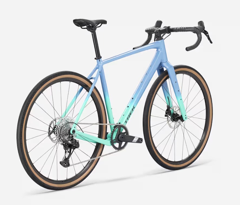 Trek Checkpoint ALR 5 Gen 3 Bicicleta de estrada azul e verde com pneus castanhos e selim preto.