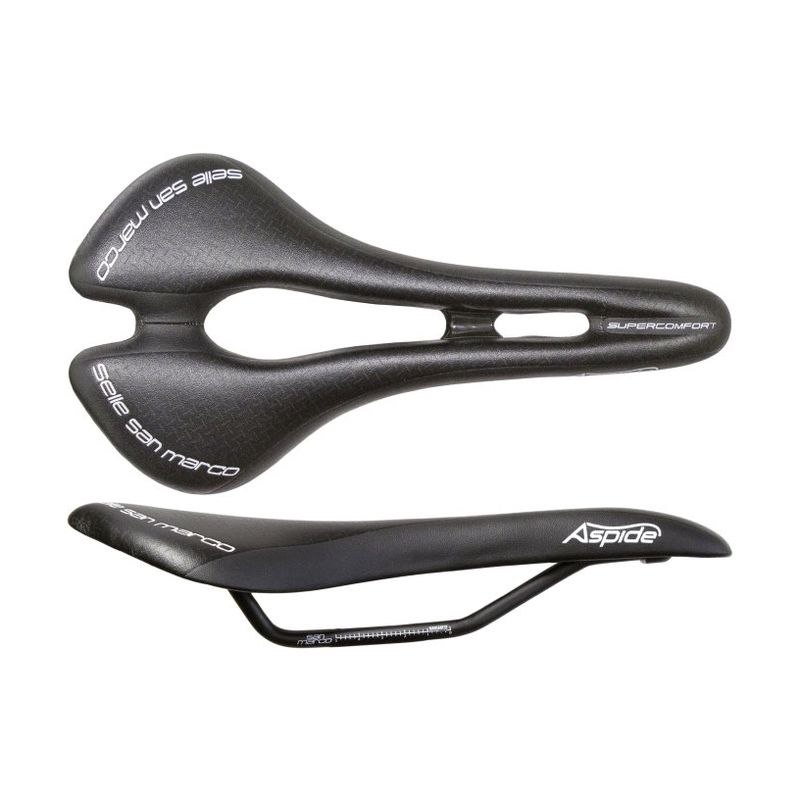 Selim de bicicleta preto Aspide com abertura central e texto branco