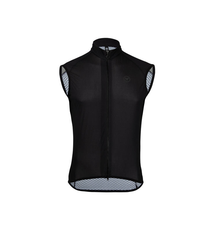 Colete ciclismo preto sem mangas com fecho e interior em padrão de rede