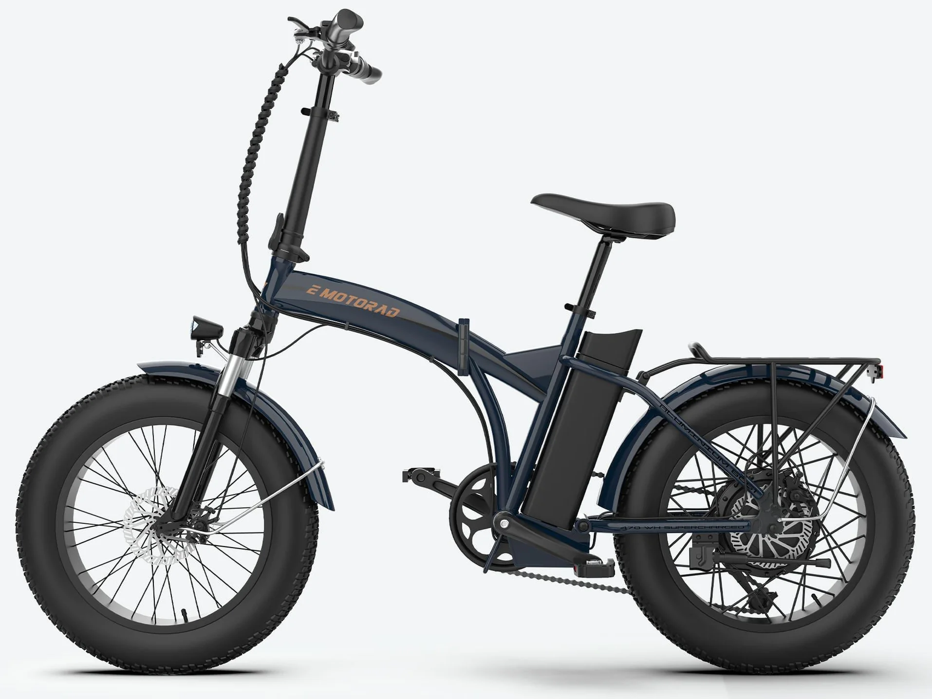 EMOTORAD Dobrável Elétrica Toledo Bicicleta elétrica dobrável preta com rodas grossas e bateria no quadro