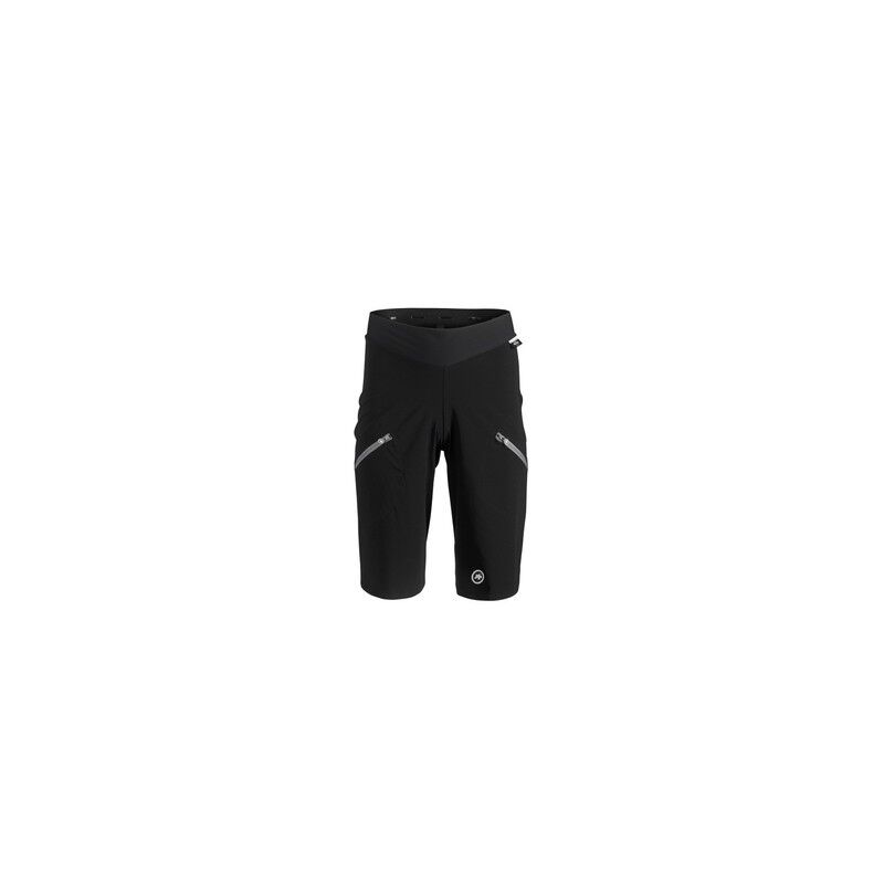 Calção ASSOS Trail Cargo Preto XL Calças pretas até ao joelho com fechos de correr prateados e logotipo redondo C na parte frontal.