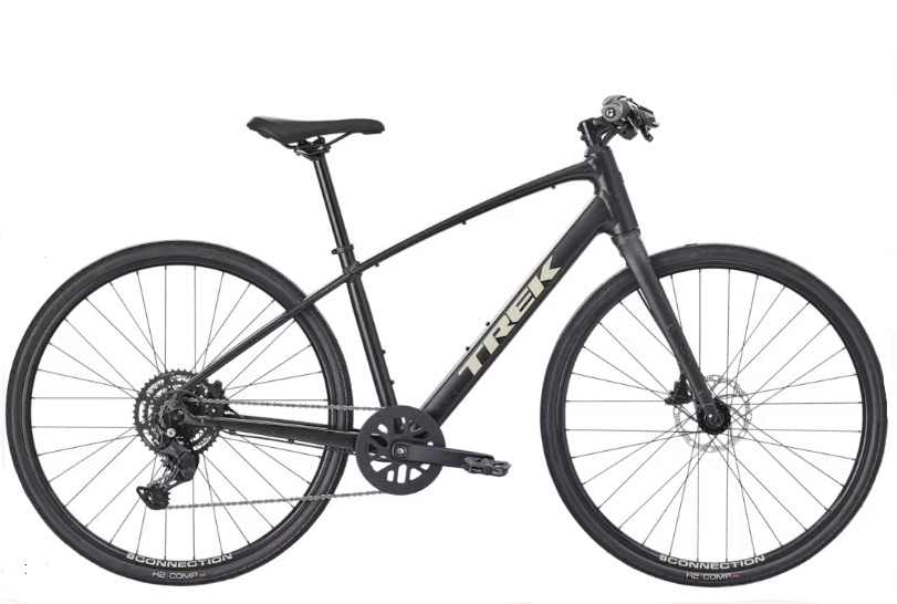 Trek FX 2 Stepover Gen 4 Bicicleta preta TREK de estrada com travões de disco e pneus finos.