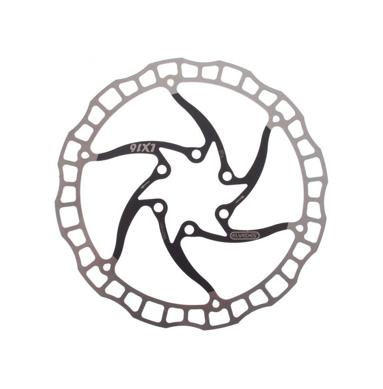 Disco de travão para bicicleta em metal prateado e preto com design de seis braços curvos