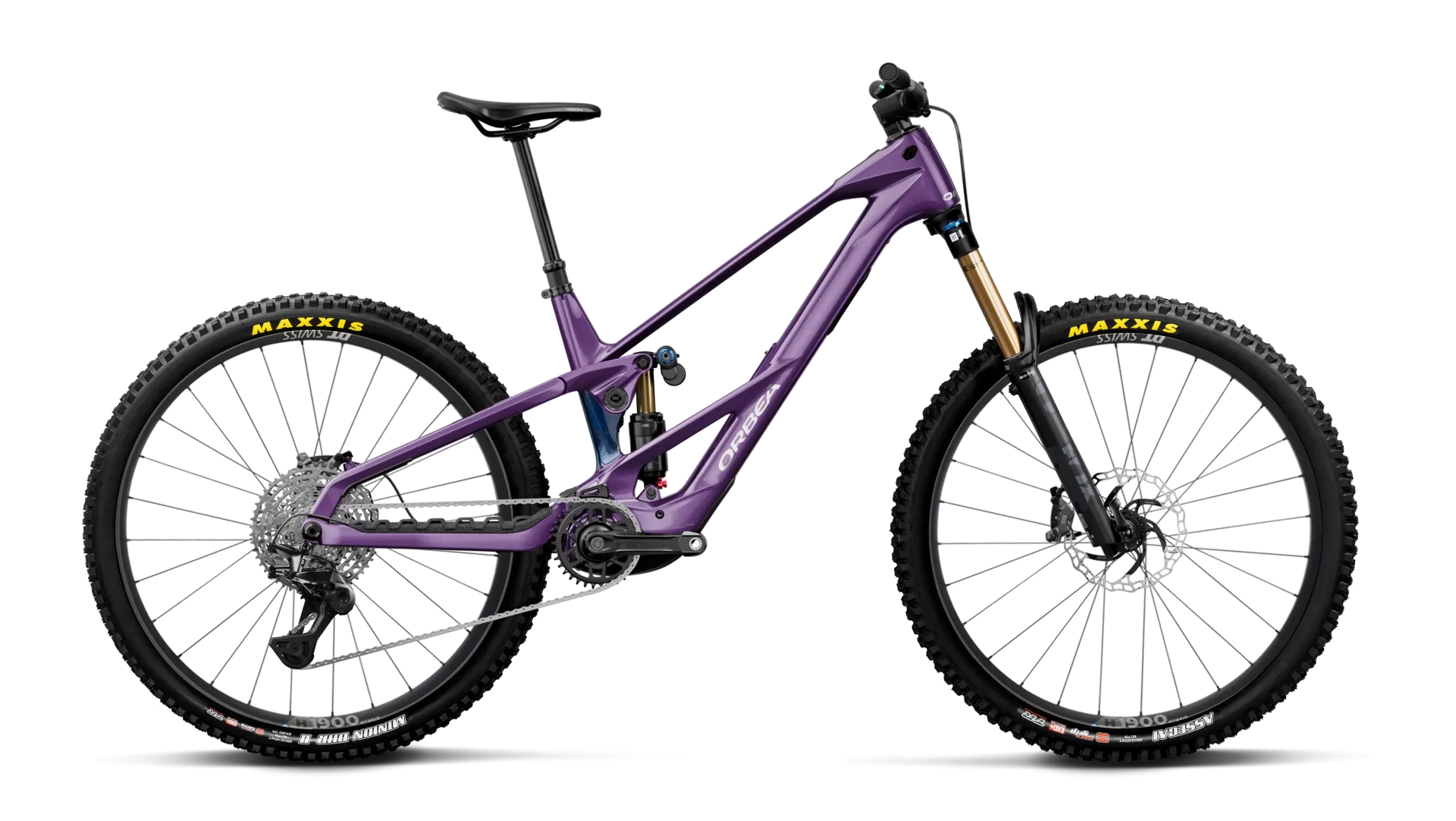 Orbea Wild LT M10 Roxo L Bicicleta de montanha elétrica roxa com pneus Maxxis e suspensão dourada preta