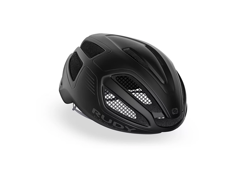 Capacete de ciclismo preto com ventilações e texto RUDY