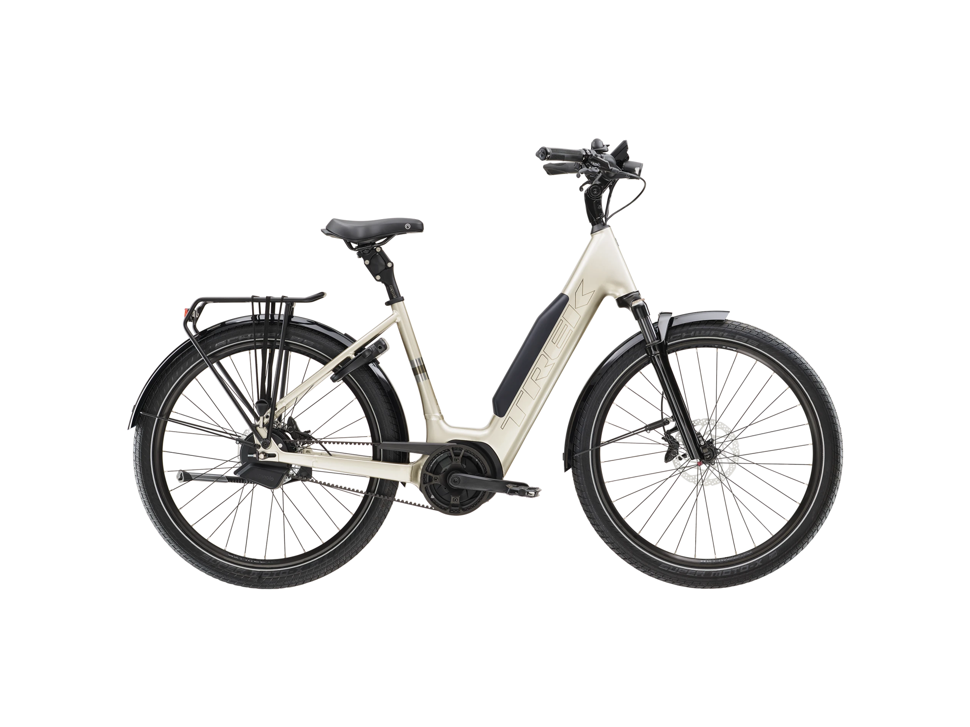 Trek District+ 5 Lowstep 725WH Beje Bicicleta elétrica branca com componentes pretos