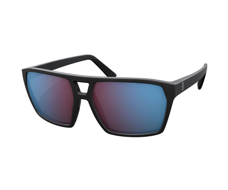 Óculos de sol com armação preta e lentes espelhadas azul-vermelhas