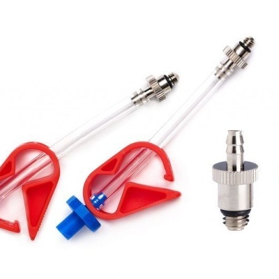 Boias para líquidos com suporte vermelho e adaptadores metálicos