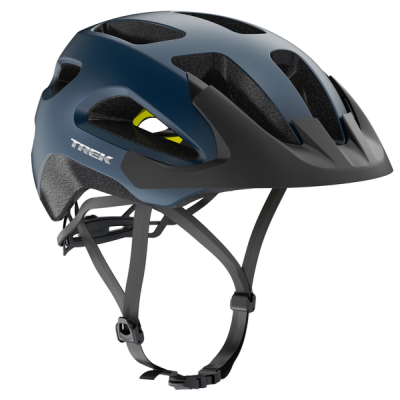 Capacete de bicicleta preto e azul escuro com o texto TREK na lateral