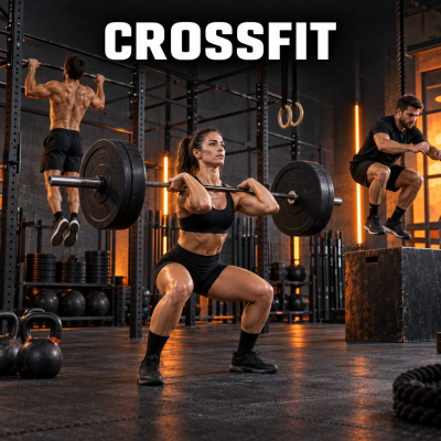 Três pessoas a praticar CrossFit num ginásio com equipamentos de treino e barra com pesos.
