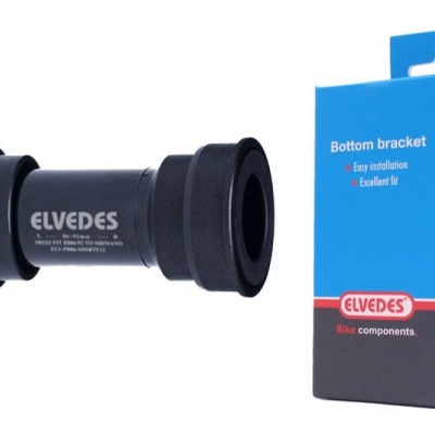 Bucha de eixo para bicicleta ELVEDES preta ao lado de caixa azul e cinza