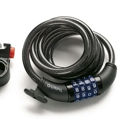 Cadeado de combinação preto com cabo em espiral e número para bicicleta com peça de fixação