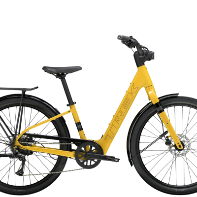 Bicicleta urbana Trek amarela com detalhes pretos