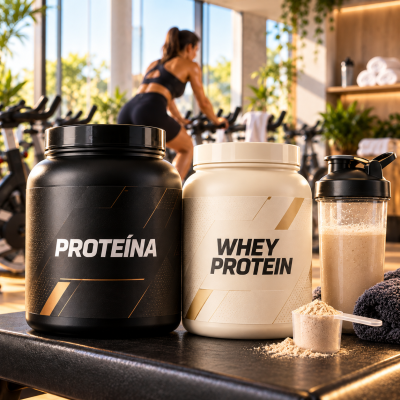 Recipientes de proteína e shaker em ambiente de ginásio com mulher a pedalar