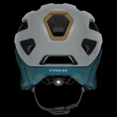 Capacete de ciclismo cinzento, preto e azul com logo TREK