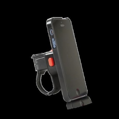 Suporte para telemóvel preto com alavanca vermelha montado em guidão com telemóvel encaixado