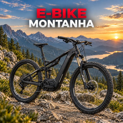 Bicicleta elétrica de montanha preta em ambiente natural montanhoso ao pôr do sol