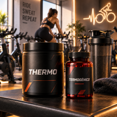 Suplementos termogénicos THERMO e TERMOGÉNICO com shaker preto numa sala de fitness