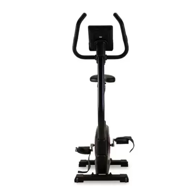 Bicicleta estática preta com ecrã digital e assento ajustável