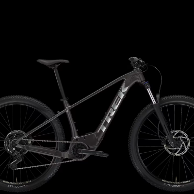 Bicicleta de montanha eléctrica preta com suspensão e travões de disco