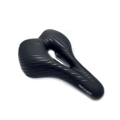 Selim de bicicleta preto com linha central oca e texto DISCOVERY