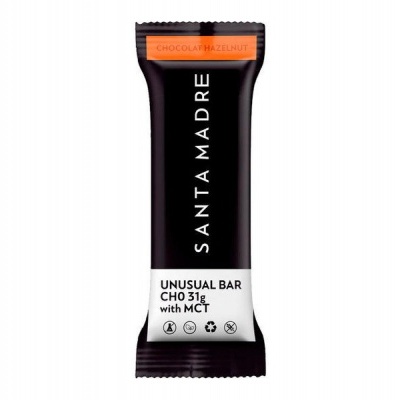 Barra de chocolate preta Santa Madre com texto branco e faixa laranja no topo