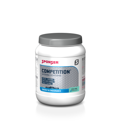 Recipiente branco de suplemento desportivo com rótulo azul e cinzento e tampa cinzenta