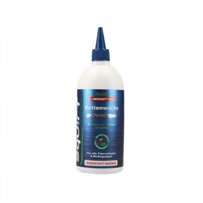 Frasco de líquido lubrificante para correntes com rótulo azul e tampa azul