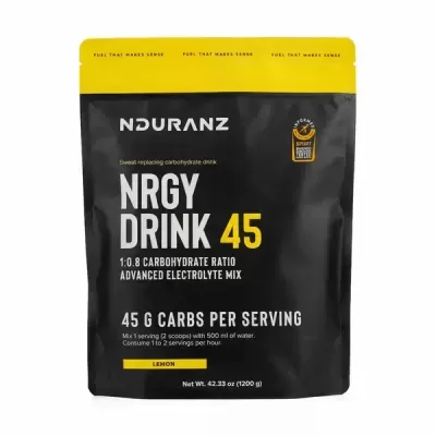 Pacote preto e amarelo de Nduranz NRGY Drink 45 com texto descritivo