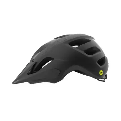 Capacete de ciclismo preto com visor e selo MIPS amarelo