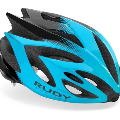 Capacete de ciclismo azul e preto com ventilação e logótipo RUDY