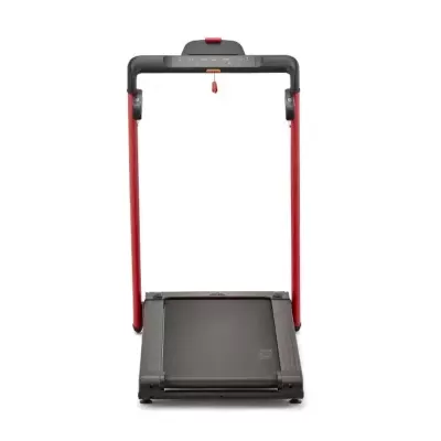 Máquina de correr preta e vermelha com painel de controlo