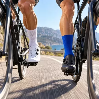 Pés de ciclistas em bicicletas de estrada com sapatilhas e meias coloridas numa estrada junto ao mar