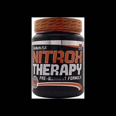 Frasco preto de suplemento pré-treino Nitrox Therapy com tampa castanha e rótulo colorido.